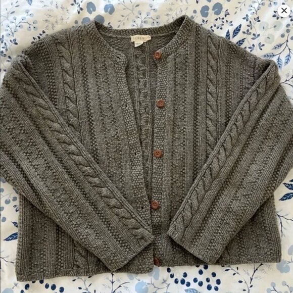 Vintage J.Crew 100% Wool Shetland Chunky Cable Knit Gray Boxy Sweater Cardigan M - Picture 4 of 4